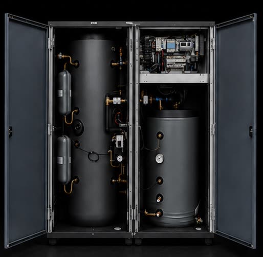 VOLTASUN EnergyStation – vormontierte Hydraulikzentrale mit geöffneten Türen, Pufferspeicher und Regelung im anthrazitfarbenen Gehäuse