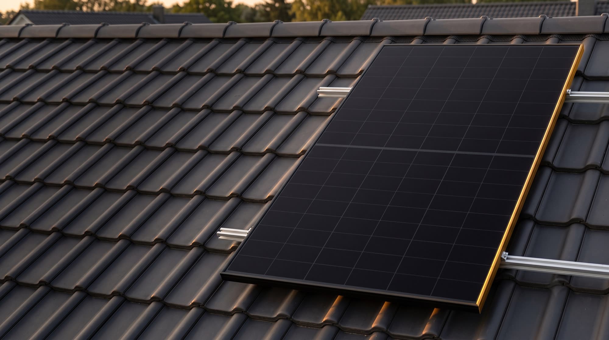 Schwarzes Photovoltaikmodul auf Montageschienen eines dunklen Ziegeldachs, Abendlicht