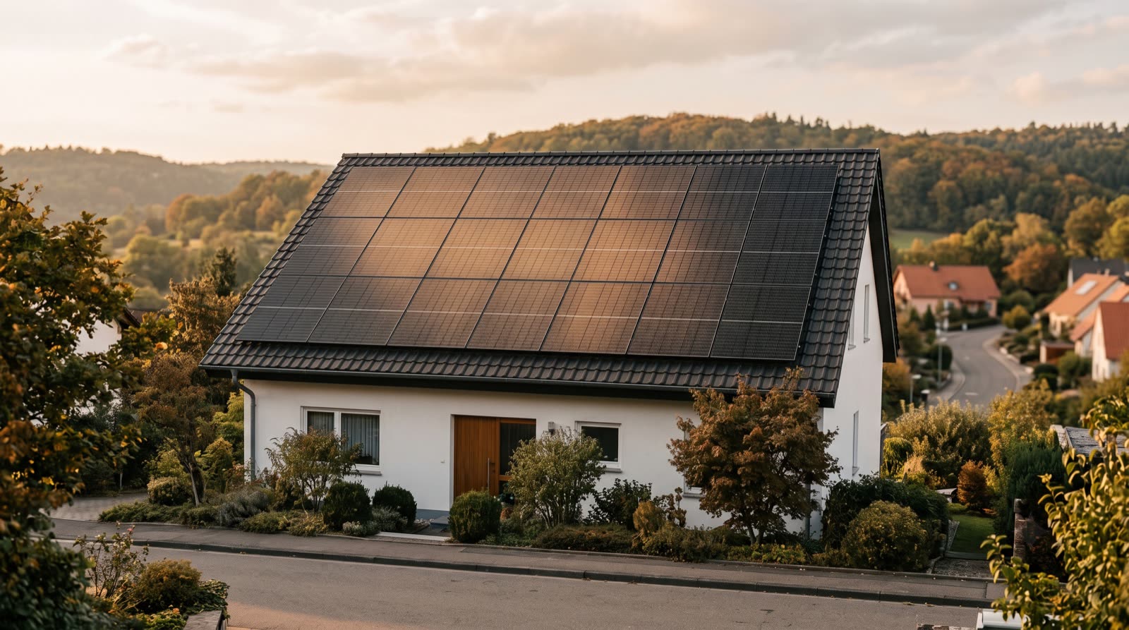 Einfamilienhaus mit vollflächiger Photovoltaikanlage auf dem Süddach, Abendlicht über einem Wohngebiet in hügeliger Landschaft
