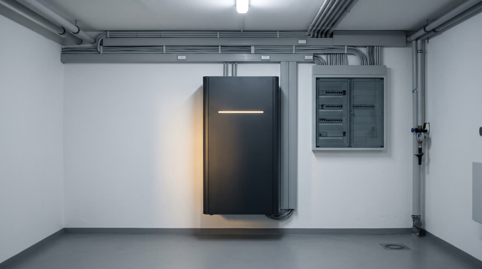 Wandmontierter Stromspeicher neben dem Zählerschrank in einem aufgeräumten Kellerraum