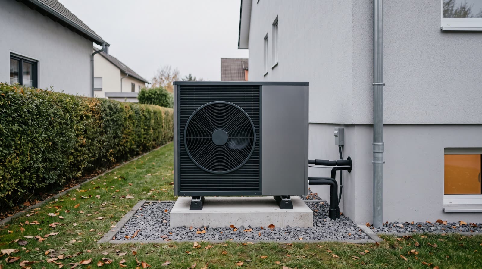 Außeneinheit einer Luft-Wasser-Wärmepumpe auf einem Betonsockel im Kiesbett neben der Hauswand eines Einfamilienhauses